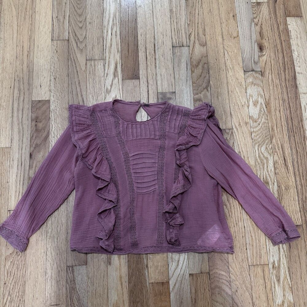 Free People Women's Purple Textured Ruffle 3/4 Sleeve Blouse Sz XS Lace trim